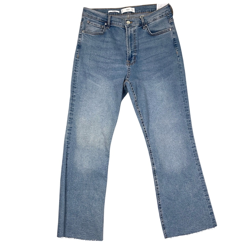 Mango Sienna Jeans Womens 12 Blue Fade Flare High Waist Crop Raw Hem Denim NWT